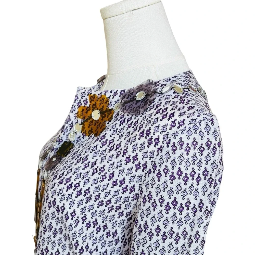 Tory Burch Sz 6 Printed Cotton And‎ Silk V Neck Tunic Top Purple Beaded Neckline
